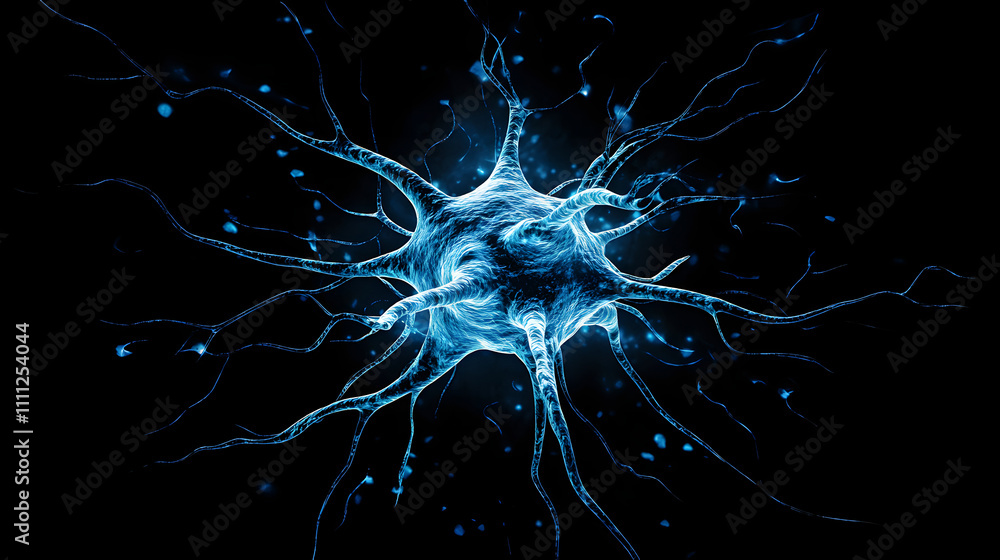 Poster a visually striking abstract image resembling a neuron structure exploding in blue hues against a de