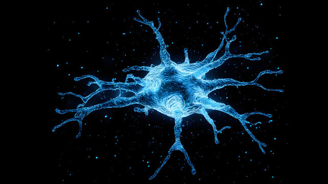 A visually striking abstract image resembling a neuron structure exploding in blue hues against a deep black background
