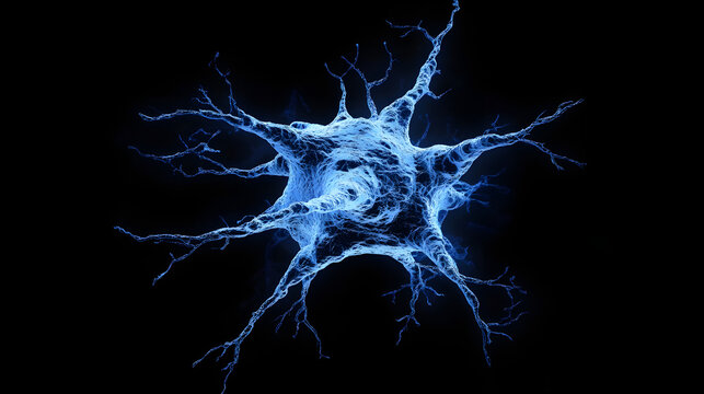 A visually striking abstract image resembling a neuron structure exploding in blue hues against a deep black background