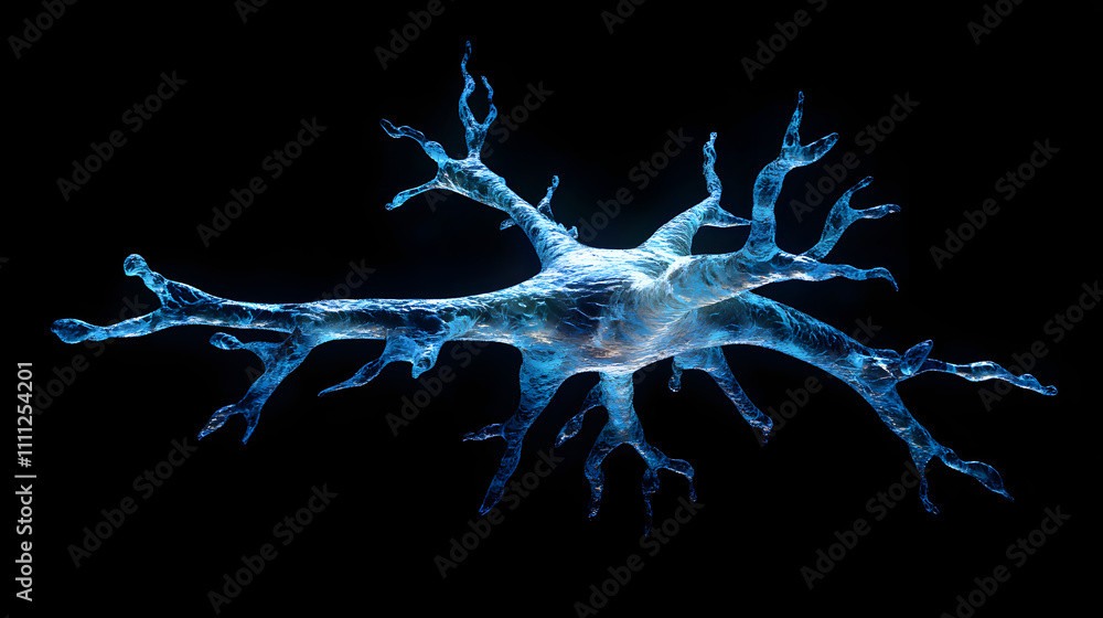 Poster a visually striking abstract image resembling a neuron structure exploding in blue hues against a de