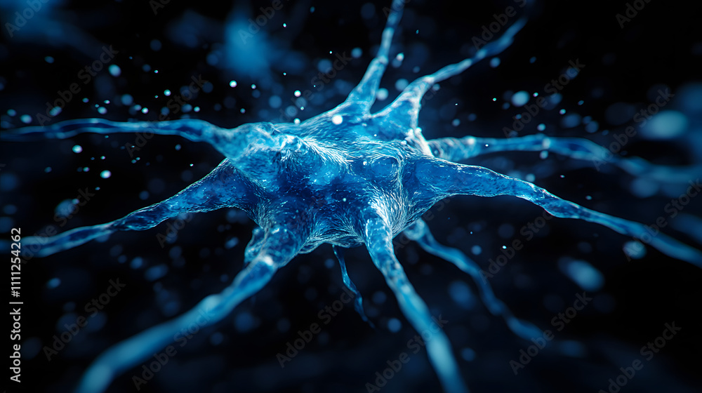 Poster a visually striking abstract image resembling a neuron structure exploding in blue hues against a de