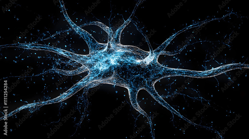 Poster a visually striking abstract image resembling a neuron structure exploding in blue hues against a de