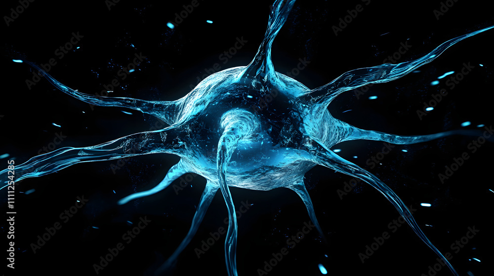 Poster a visually striking abstract image resembling a neuron structure exploding in blue hues against a de