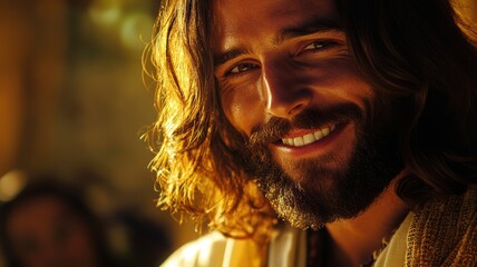 A radiant and joyful portrait of Jesus Christ, smiling warmly amidst lush greenery, evoking peace, hope, and divine presence.