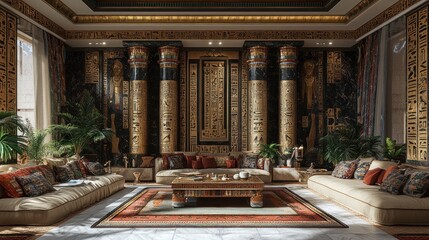 Obraz premium Luxurious living room with ancient Egyptian design, featuring gold accents, hieroglyphs, and plush seating.
