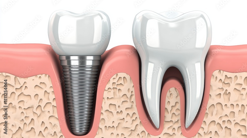 Poster rendering showcases a dental implant alongside a healthy tooth, illustrating their structure and pla