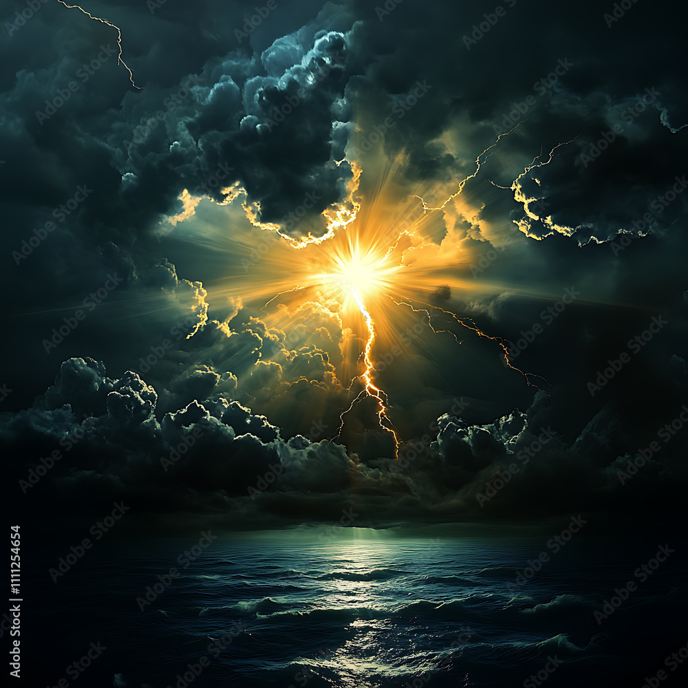 Poster A stormy dark sky with black clouds and sparkling lightning from behind which the sun and direct sunlight are visible