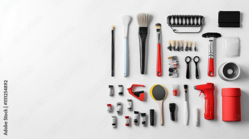 Aufkleber a collection of diy and hobby tools such as brushes, scissors, and paints neatly arranged with plent