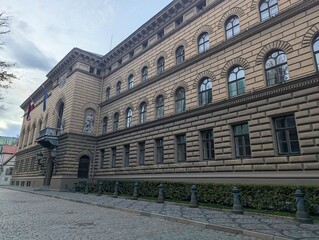 Historic building with flags
