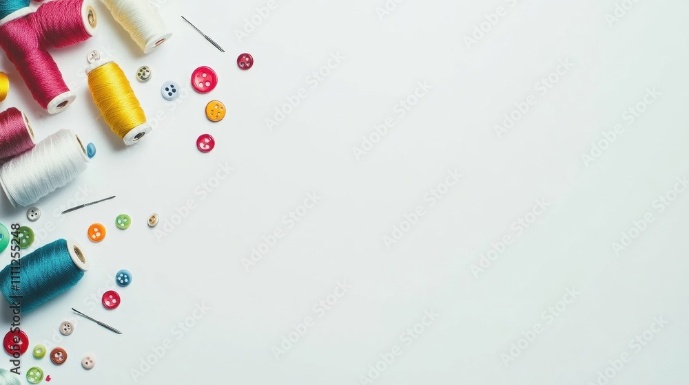 Poster colorful threads, buttons, and needles are neatly arranged on a white background, offering a blank s