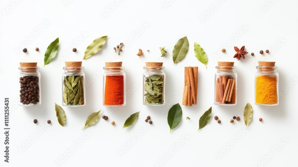 Poster vibrant jars filled with various spices, bay leaves, and cinnamon sticks arranged on a white surface