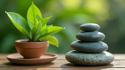 Obraz premium A stack of smooth stones and a green leaf symbolizes harmony and showcases natures beauty around us