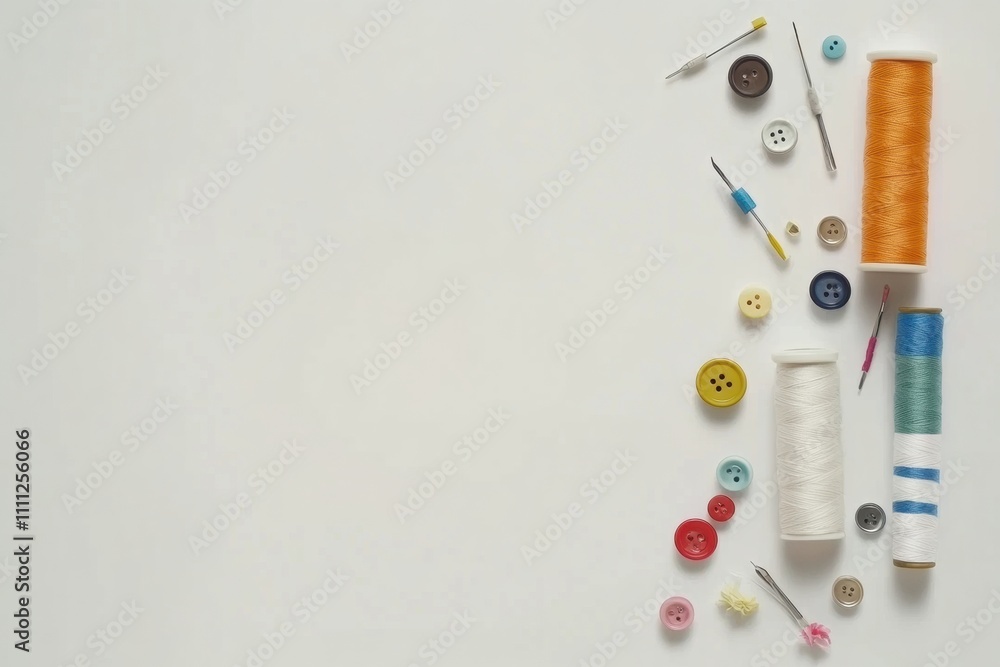 Poster A collection of sewing essentials such as colorful threads, needles, and buttons is neatly arranged on a blank white background for creative projects. Generative AI
