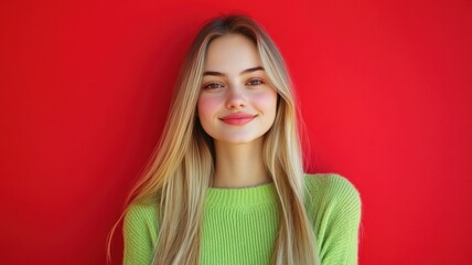 Fototapeta premium Happy young Slavic woman with long blonde hair in bright green sweater standing against solid red background