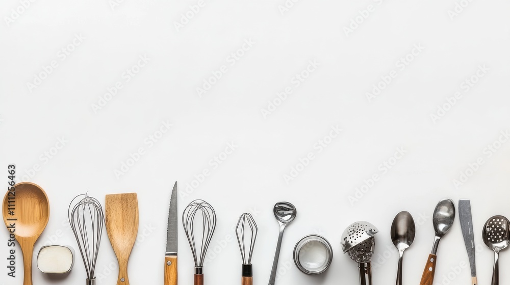 Aufkleber Various kitchen utensils are neatly arranged on a clean white background, providing ideal space for adding text or recipes for cooking enthusiasts. Generative AI