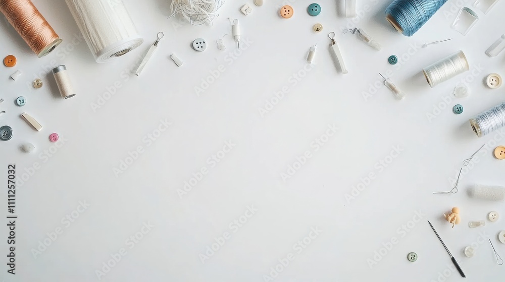 Poster sewing supplies such as threads, buttons, and needles scattered on a clean white surface, offering p