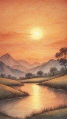 Fototapeta premium Artistic Sunset Illustration Wallpaper with Detailed Sketch Lines and a Dreamy Atmosphere