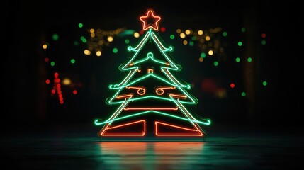 Neon Christmas Tree with Star in Festive Lights Setting, Glowing Holiday Decoration in Dark Background with Colorful Bokeh