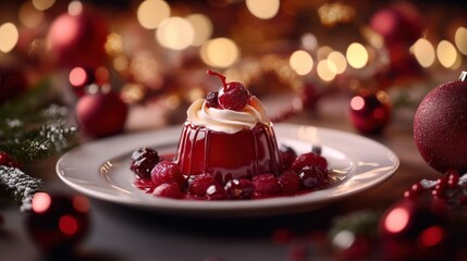 Elegant Christmas dinner setup with plate of festive dessert, surrounded by decorations and bokeh lights