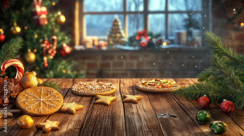 Wall mural Empty wooden table with christmas theme in background