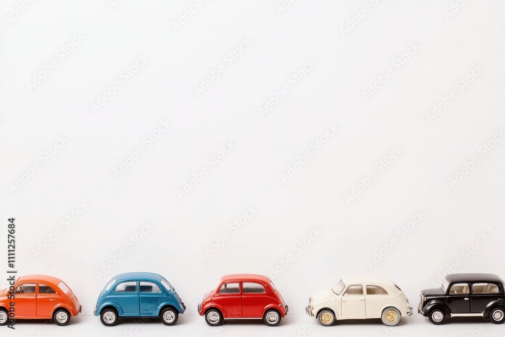 Poster Small car models in vibrant colors are strategically arranged on a clean white background, offering ample space for text or designs. Generative AI