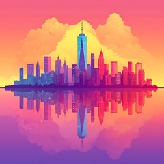 Fototapeta premium Vibrant sunset cityscape reflected in calm water.