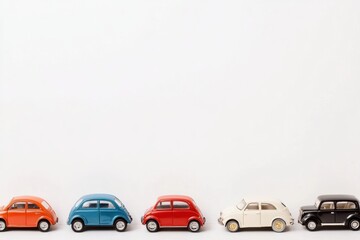 Fototapeta premium Small car models in vibrant colors are strategically arranged on a clean white background, offering ample space for text or designs. Generative AI