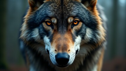 Fototapeta premium A close-up of a wolf's face, focusing on its piercing eyes and textured fur, reflecting strength and intelligence.
