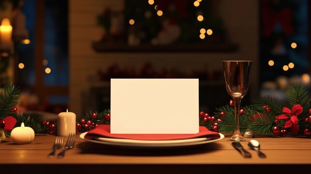 Festive Christmas Table Setting with Blank Greeting Card
