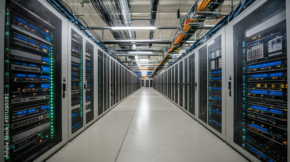 Poster inside large data center. advanced cloud computing concept. corridor with server racks and cabinets 