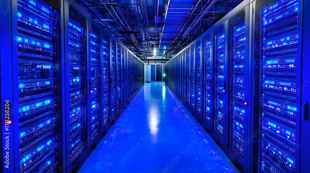 Poster inside large data center. advanced cloud computing concept. corridor with server racks and cabinets 