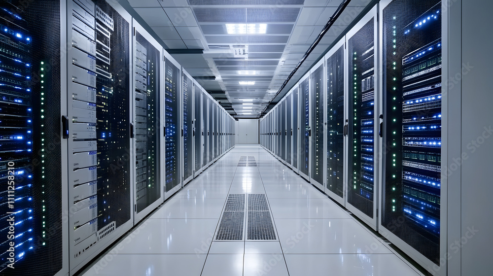 Poster inside large data center. advanced cloud computing concept. corridor with server racks and cabinets 
