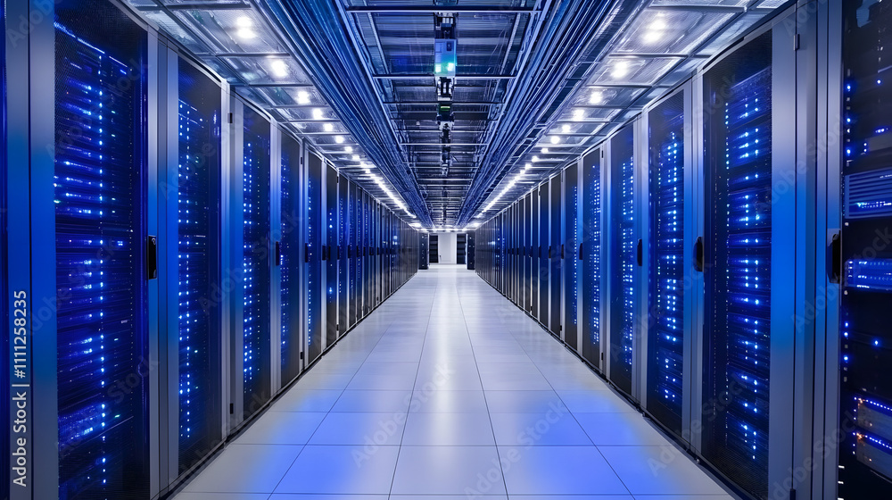 Poster inside large data center. advanced cloud computing concept. corridor with server racks and cabinets 