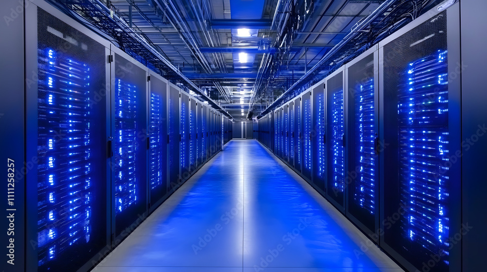 Poster inside large data center. advanced cloud computing concept. corridor with server racks and cabinets 