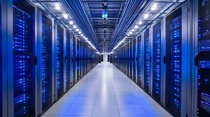 
Inside Large Data Center. Advanced Cloud Computing Concept. Corridor with Server Racks and Cabinets full of Hard Drives