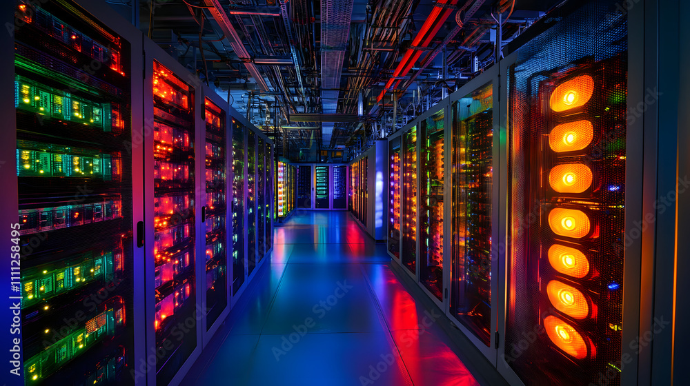 Poster inside large data center. advanced cloud computing concept. corridor with server racks and cabinets 