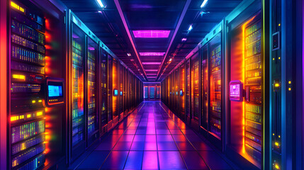 Fototapeta premium Inside Large Data Center. Advanced Cloud Computing Concept. Corridor with Server Racks and Cabinets full of Hard Drives