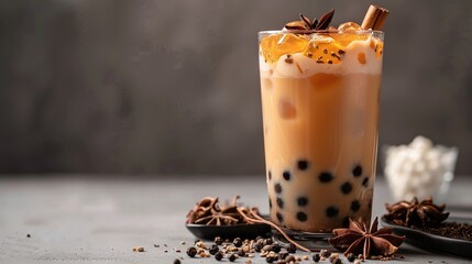 Iced bubble tea in a tall glass, filled with black tapioca pearls, garnished with cinnamon stick and star anise, rich and creamy drink, dark rustic background, trendy boba concept


