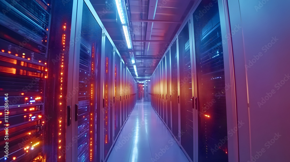Aufkleber inside large data center. advanced cloud computing concept. corridor with server racks and cabinets 