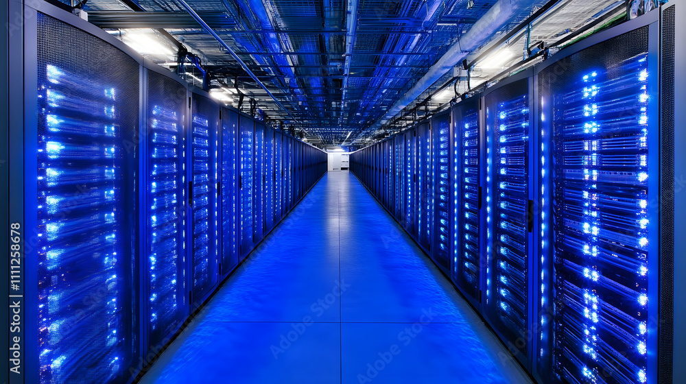 Poster inside large data center. advanced cloud computing concept. corridor with server racks and cabinets 