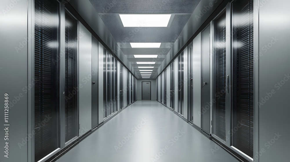 Poster inside large data center. advanced cloud computing concept. corridor with server racks and cabinets 