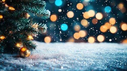 Glowing in the dark defocused glitter texture with blue bokeh lights and snow. Christmas and winter holidays background