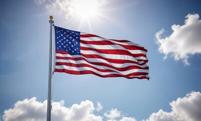 - High-quality image of the USA flag on a pole against a clear sky, patriotic symbol, patriot, independence