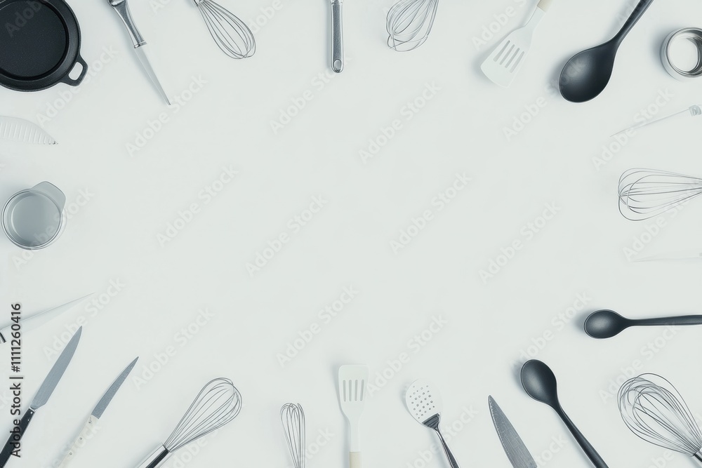 Poster assorted kitchen utensils such as spatulas, whisks, and spoons are neatly laid out on a white backgr