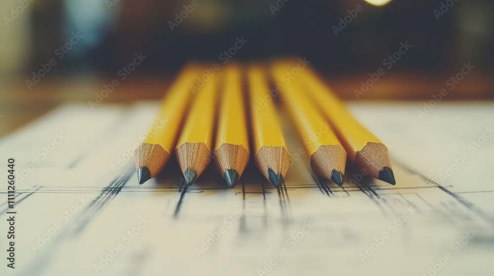 Poster close-up of five yellow pencils lined up on a blueprint background with soft focus and artistic boke