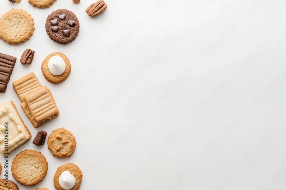 Poster a colorful variety of cookies and sweets is arranged artistically on a clean, white background, leav