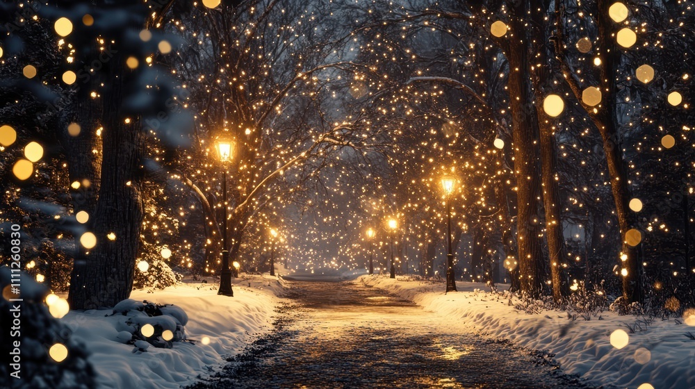Poster mesmerizing snowfall illuminated against a dark background, creating a magical winter atmosphere wit