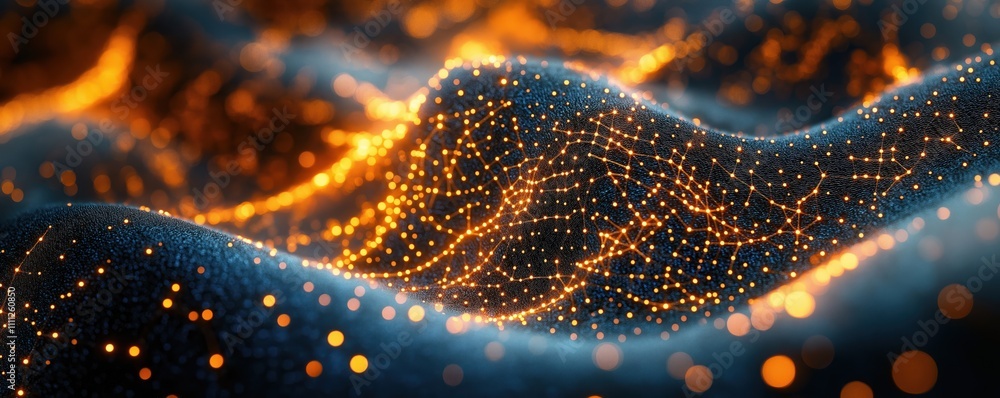 Aufkleber Abstract illustration shows smart fabric with embedded sensors. Network of glowing dots connected by lines creates dynamic pattern. Tech fabric undulates like surface. Futuristic, innovative tech