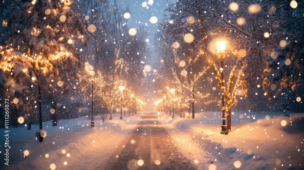 Poster mesmerizing snowfall illuminated against a dark background, creating a magical winter atmosphere wit