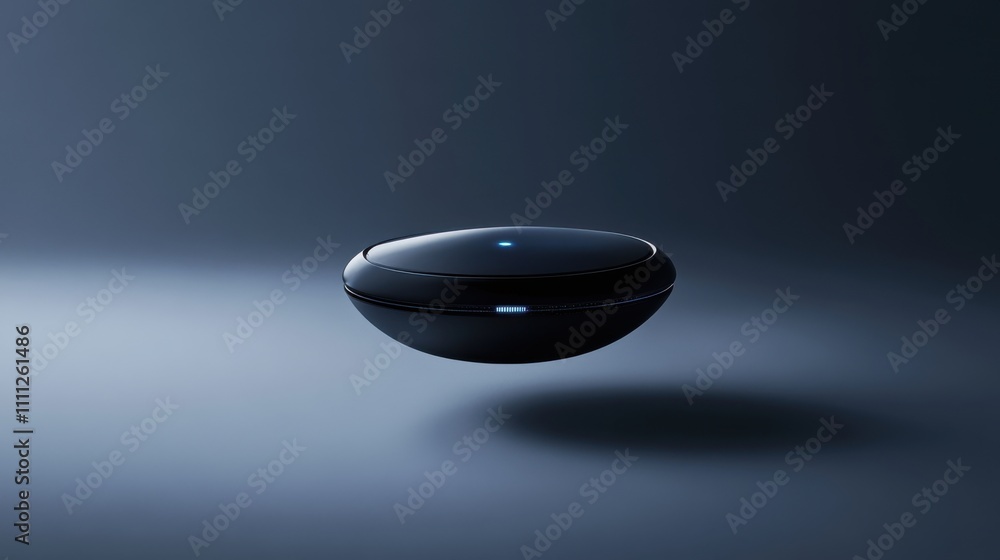 Poster futuristic floating device in a dark environment emitting a soft blue light, symbolizing innovation 